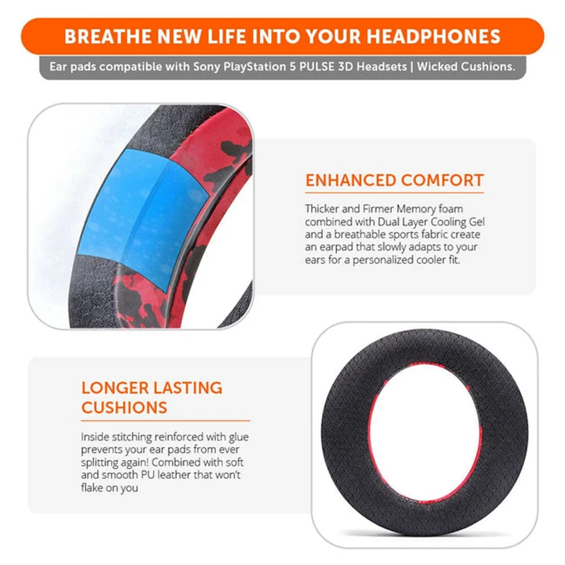 Wicked Cushions WC FreeZe Pulse 3D V2 - Cooling Gel Earpads for PS5 Pulse 3D Headset (Black, Red Camo, Black Camo, 90s White, 90s Black)