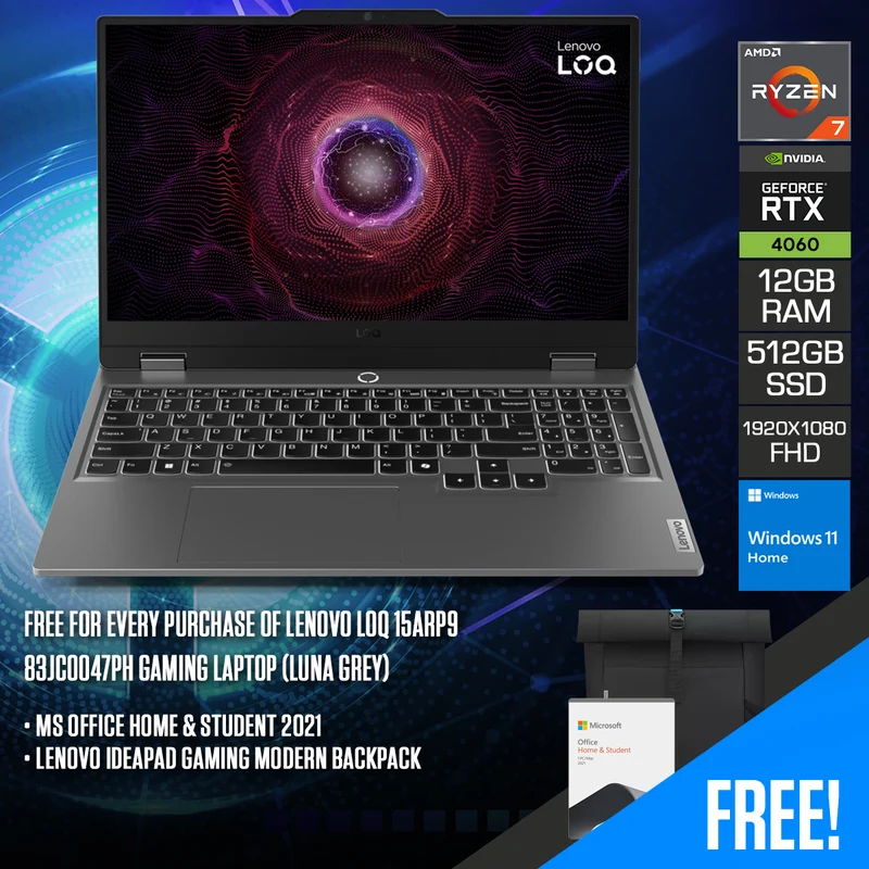 Lenovo LOQ 15ARP9 83JC0047PH Gaming Laptop (Luna Grey) | 15.6" FHD (1920x1080) IPS 144Hz | Ryzen 7 7435HS | 12GB RAM | 512GB SSD | RTX 4060 | Windows 11 Home | MS Office Home & Student 2021 + Lenovo IdeaPad Gaming Modern Backpack