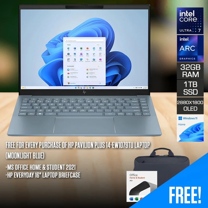HP Pavilion Plus 14-EW1079TU Laptop (Moonlight Blue) | 14" 2.8K (2880x1800) OLED | Ultra 7 155H | 32GB RAM | 1TB SSD | Intel Arc Graphics | Windows 11 Home | MS Office Home & Student 2021 + HP Everyday 16" Laptop Briefcase
