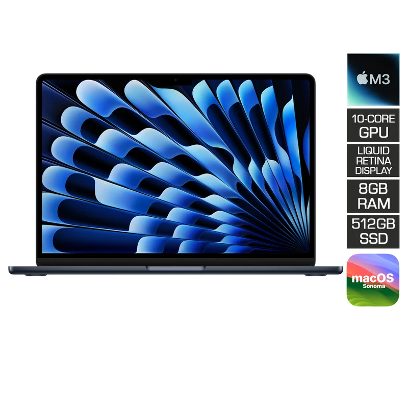 Macbook Air 13" (2024) (MRXW3PP/A) (Midnight) | M3 Chip | 8-Core CPU | 10-Core GPU | 8GB RAM | 512GB SSD