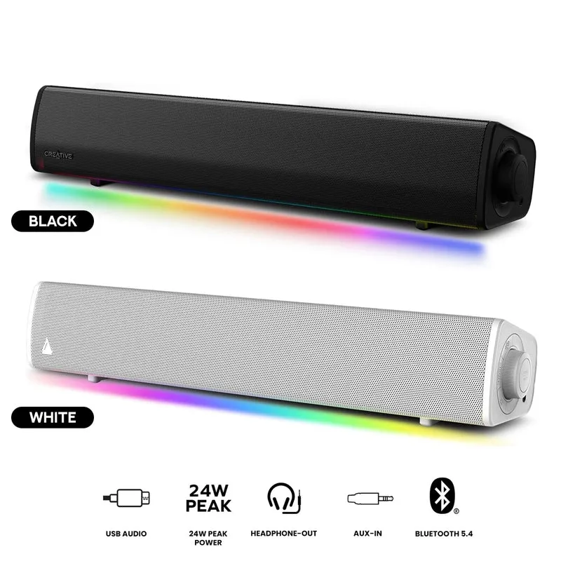 Creative Sound Blaster GS3 Compact RGB Gaming Soundbar with SuperWide Technology Powered via USB Bluetooth 5.4 (Black, White)