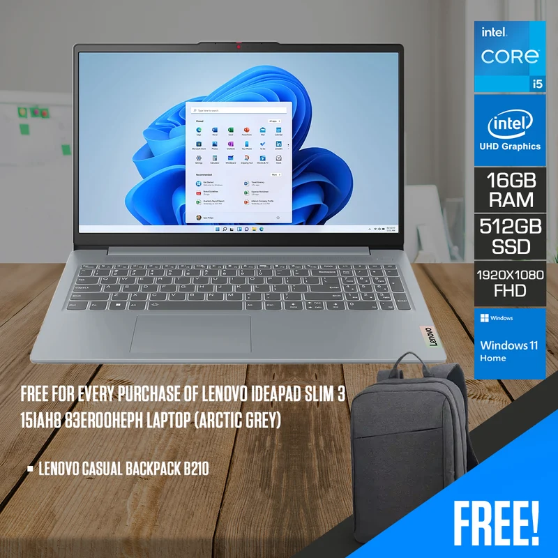 Lenovo IdeaPad Slim 3 15IAH8 83ER00HEPH Laptop (Arctic Grey) | 15.6" FHD (1920x1080) TN | i5-12450H | 16GB RAM | 512GB SSD | Integrated Intel UHD | Windows 11 Home | Lenovo Casual Backpack B210
