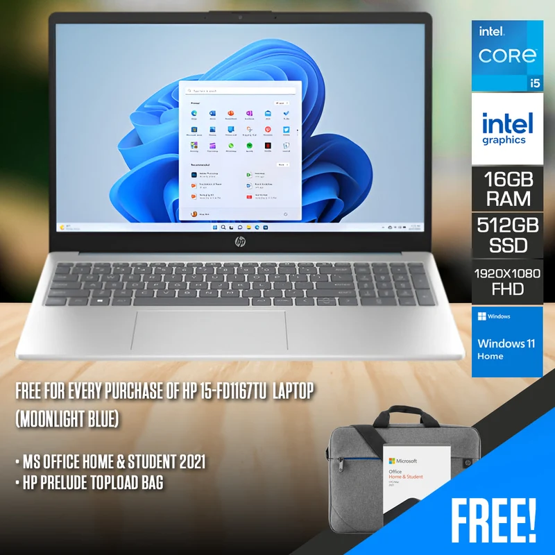 HP 15-FD1167TU Laptop (Moonlight Blue) | 15.6" FHD (1920x1080) | Core 5 120U | 16GB RAM | 512GB SSD | Intel Integrated Graphics | Windows 11 Home | MS Office Home & Student 2021 | HP Prelude Topload Bag