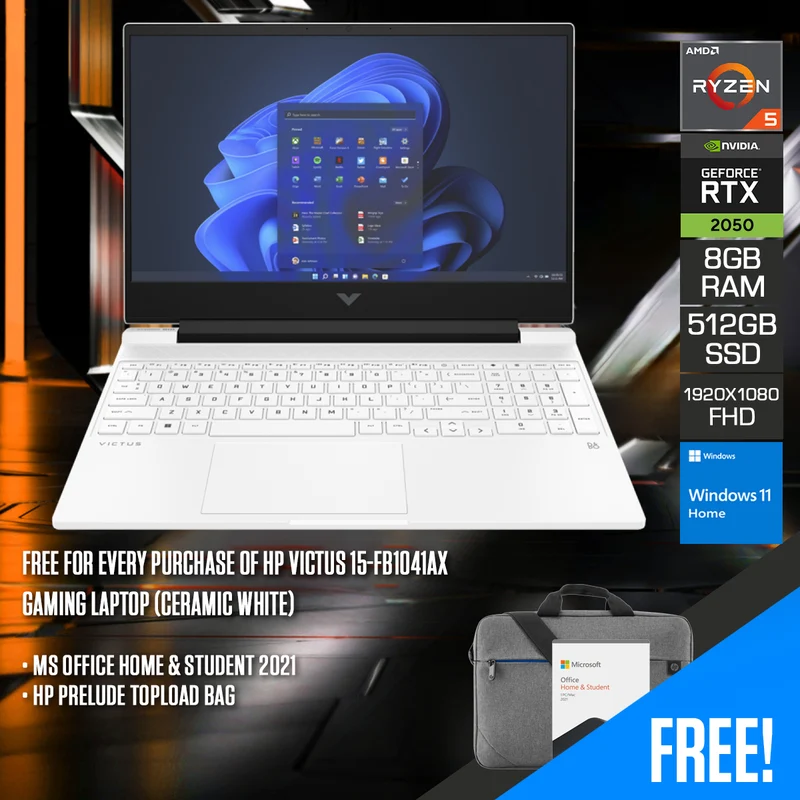 HP Victus 15-FB1041AX Gaming Laptop (Ceramic White) | 15.6" FHD (1920x1080) IPS 144Hz | Ryzen 5 7535HS | 8GB RAM | 512GB SSD | RTX 2050 | Windows 11 Home | MS Office Home & Student 2021 | HP Prelude Topload