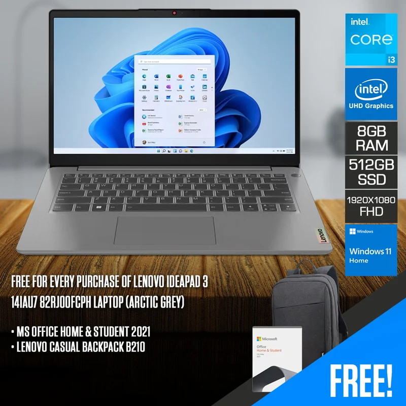 Lenovo IdeaPad 3 14IAU7 82RJ00FCPH Laptop (Arctic Grey) | 14" FHD (1920x1080) TN | i3-1215U | 8GB RAM | 512GB SSD | Integrated Intel UHD | Windows 11 Home | MS Office Home & Student 2021 + Lenovo Casual Backpack B210