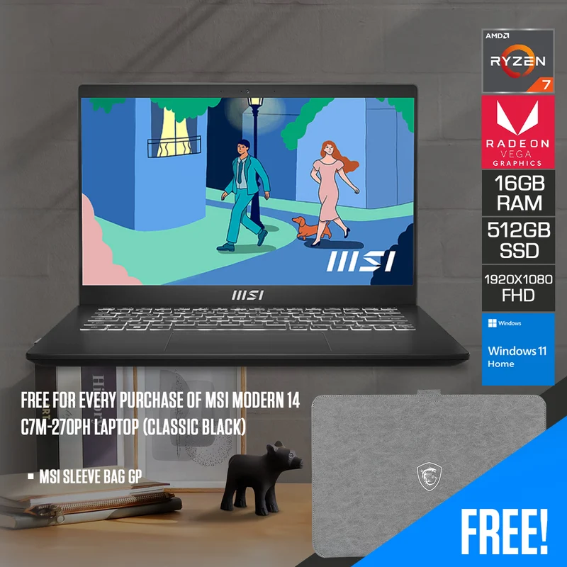 MSI Modern 14 C7M-270PH Laptop (Classic Black) | 14" FHD (1920x1080) IPS | Ryzen 5 7530U | 16GB RAM | 512GB SSD | RX Vega Graphics | Windows 11 Home | MSI Sleeve Bag GP
