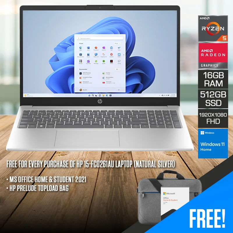 HP 15-FC0261AU Laptop (Natural Silver) | 15.6" FHD (1920x1080) | Ryzen 5 7530U | 16GB RAM | 512GB SSD | AMD Radeon Integrated Graphics | Windows 11 Home | MS Office Home & Student 2021 | HP Prelude Topload Bag