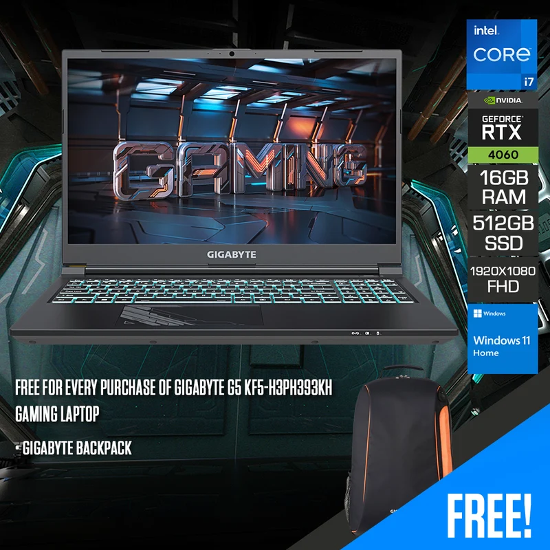 Gigabyte G5 KF5-H3PH393KH Gaming Laptop | 15.6" FHD (1920x1080) 144Hz | i7-13620H | 16GB RAM | 512GB SSD | RTX 4060 | Windows 11 Home | Gigabyte Backpack