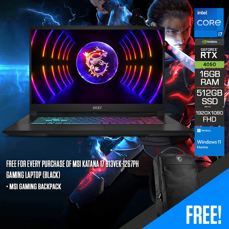 MSI Katana 17 B13VEK-1267PH Gaming Laptop (Black) | 17.3" FHD (1920x1080) 144Hz IPS | i7-13620H | 16 GB RAM | 512 GB SSD | RTX 4050 | Windows 11 Home | MSI Gaming Backpack