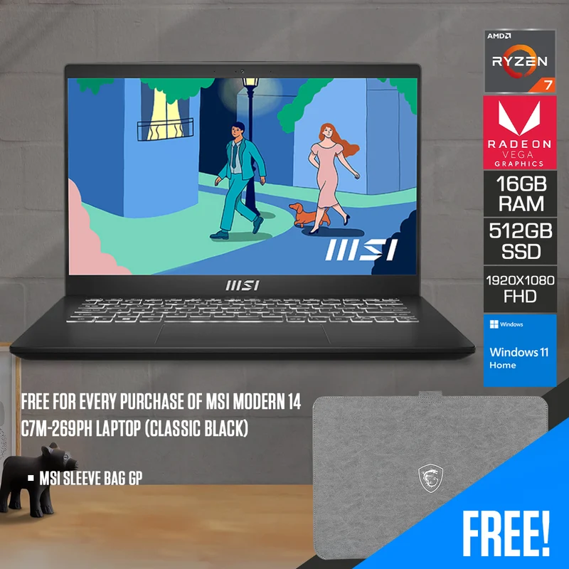 MSI Modern 14 C7M-269PH Laptop (Classic Black) | 14" FHD (1920x1080) IPS | Ryzen 7 7730U | 16GB RAM | 512GB SSD | RX Vega Graphics | Windows 11 Home | MSI Sleeve Bag GP