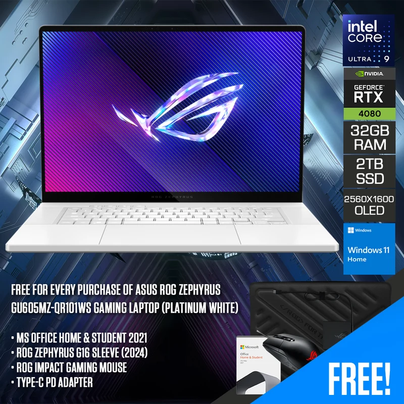Asus ROG Zephyrus GU605MZ-QR101WS Gaming Laptop (Platinum White) | 16" WQXGA (2560x1600) OLED 240Hz | Ultra 9 185H | 32GB RAM | 2TB SSD | RTX 4080 | Windows 11 Home | MS Office Home & Student 2021 | Asus Bag | ROG Impact Gaming Mouse | Type-C PD Adapter