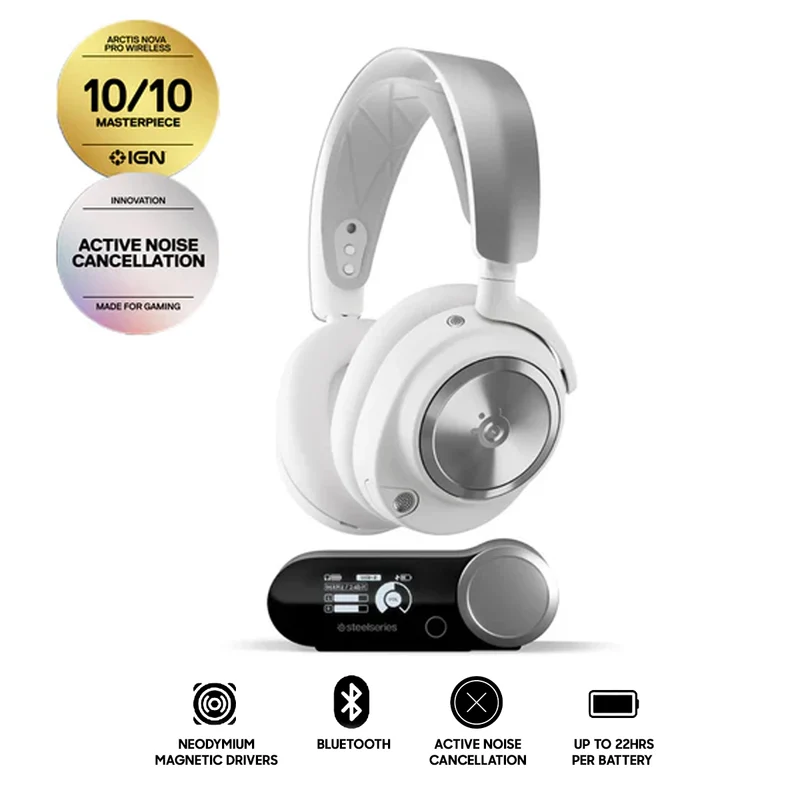 Steelseries Arctis Nova Pro Wireless High-Fidelity Gaming Audio w/ Active Noise Cancellation for PC/ Playstation/ Switch/ Mobile (White) (61524)