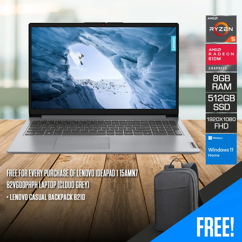 Lenovo IdeaPad 1 15AMN7 82VG00PHPH Laptop (Cloud Grey) | 15.6" FHD (1920x1080) IPS | Ryzen 5 7520U | 8GB RAM | 512GB SSD | AMD Radeon 610M Graphics | Windows 11 Home | Lenovo Casual Backpack B210