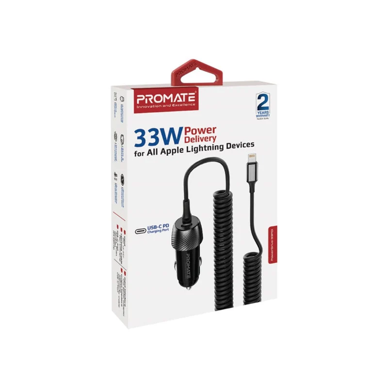 Promate POWERDRIVE-33PDI 33W Car Charger With Lightning Cable And USB-A Port