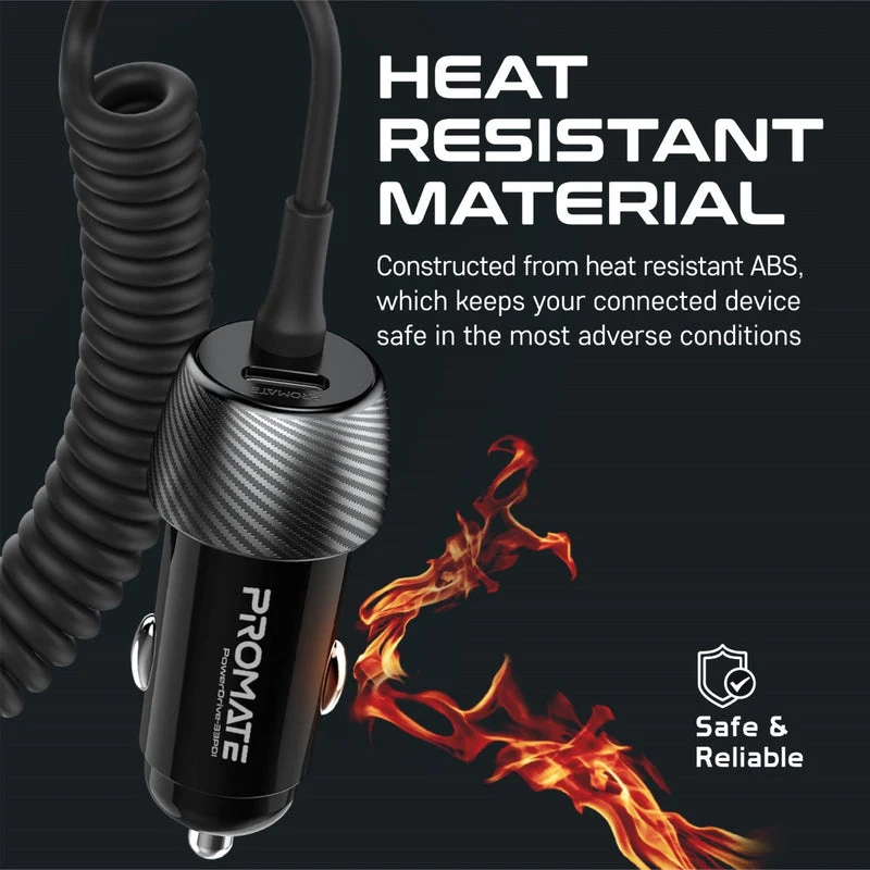 Promate POWERDRIVE-33PDI 33W Car Charger With Lightning Cable And USB-A Port