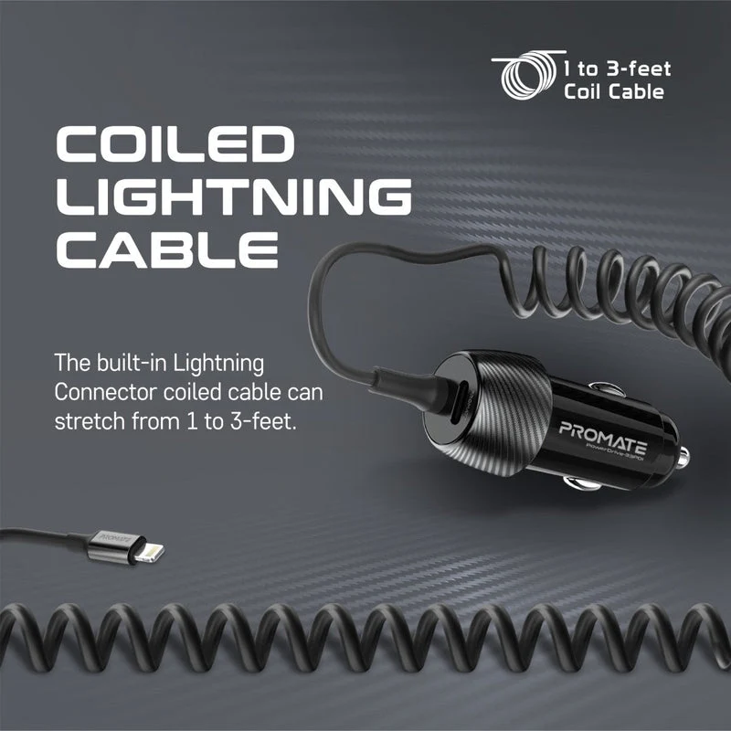 Promate POWERDRIVE-33PDI 33W Car Charger With Lightning Cable And USB-A Port