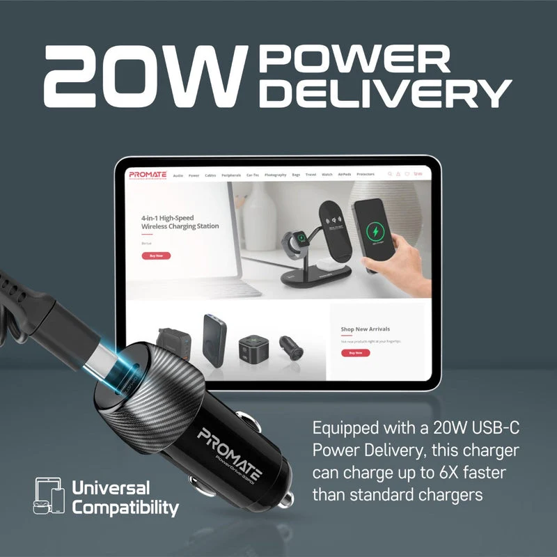 Promate POWERDRIVE-33PDI 33W Car Charger With Lightning Cable And USB-A Port