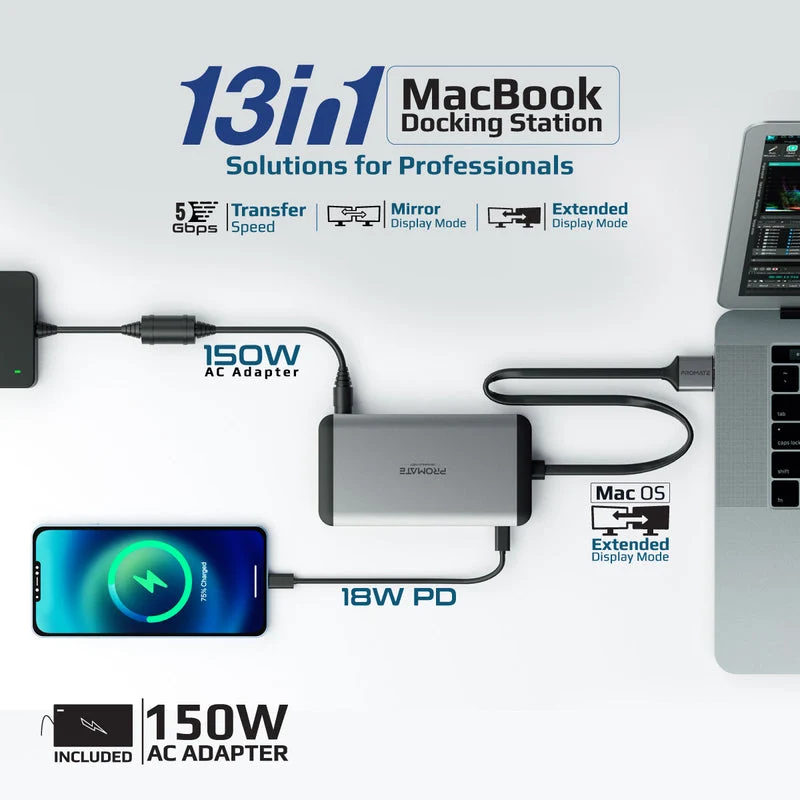 Promate Versahub-MST 13-In-1 Macbook Docking Station With 150W Power Adapter & 4K 60Hz MST Dual Display