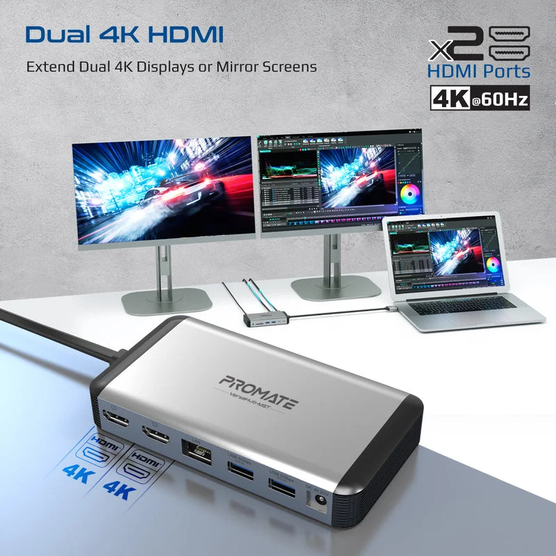Promate Versahub-MST 13-In-1 Macbook Docking Station With 150W Power Adapter & 4K 60Hz MST Dual Display