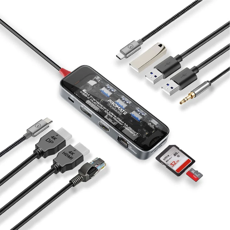 Promate Transhub-Pro 11-In-1 Transparent Multiport USB-C Hub With 100W Power Delivery, HDMI 4K
