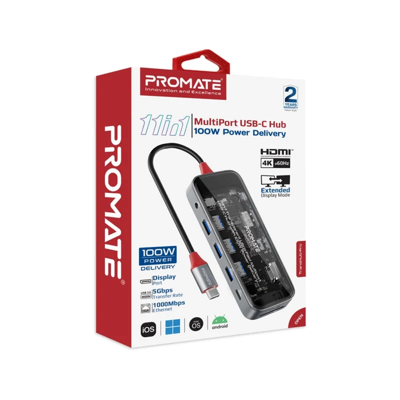 Promate Transhub-Pro 11-In-1 Transparent Multiport USB-C Hub With 100W Power Delivery, HDMI 4K