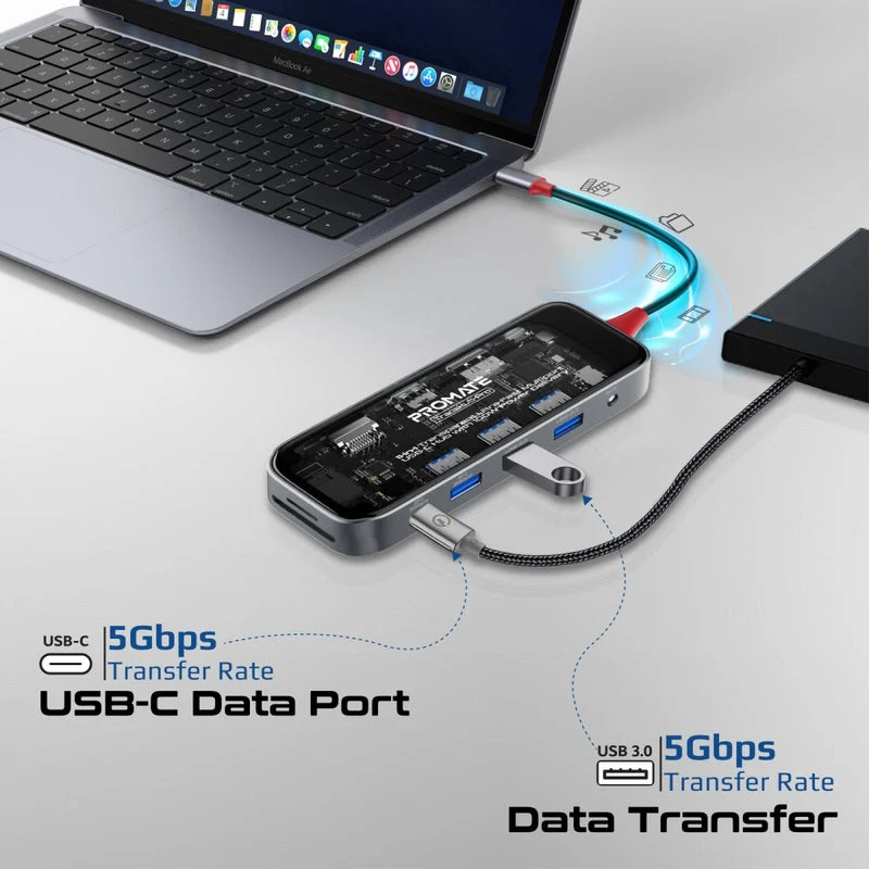 Promate Transhub-Pro 11-In-1 Transparent Multiport USB-C Hub With 100W Power Delivery, HDMI 4K