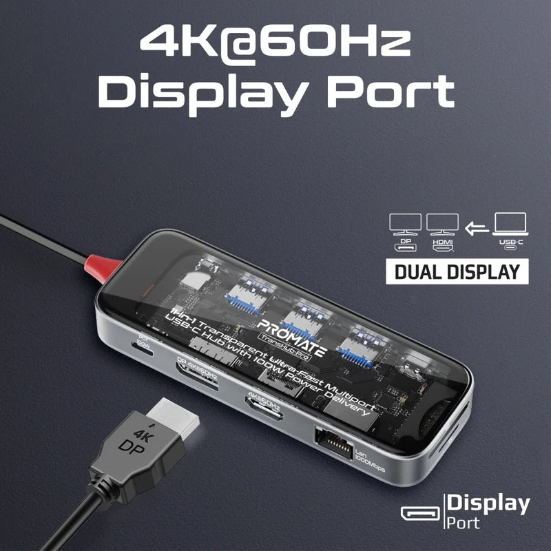Promate Transhub-Pro 11-In-1 Transparent Multiport USB-C Hub With 100W Power Delivery, HDMI 4K