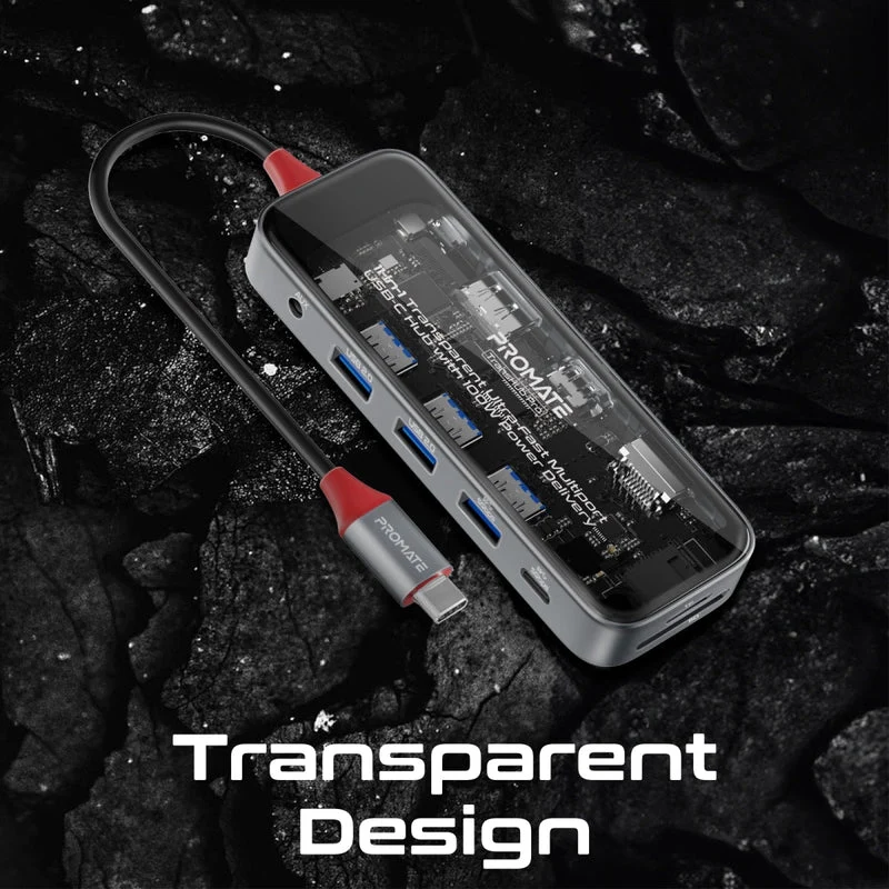 Promate Transhub-Pro 11-In-1 Transparent Multiport USB-C Hub With 100W Power Delivery, HDMI 4K