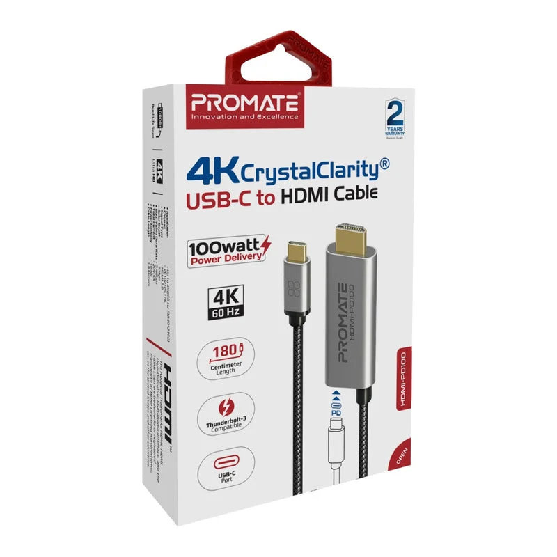 Promate HDMI-PD100 4K Crystal Clarity USB-C To HDMI Cable 4K Ultra HD 100W Power