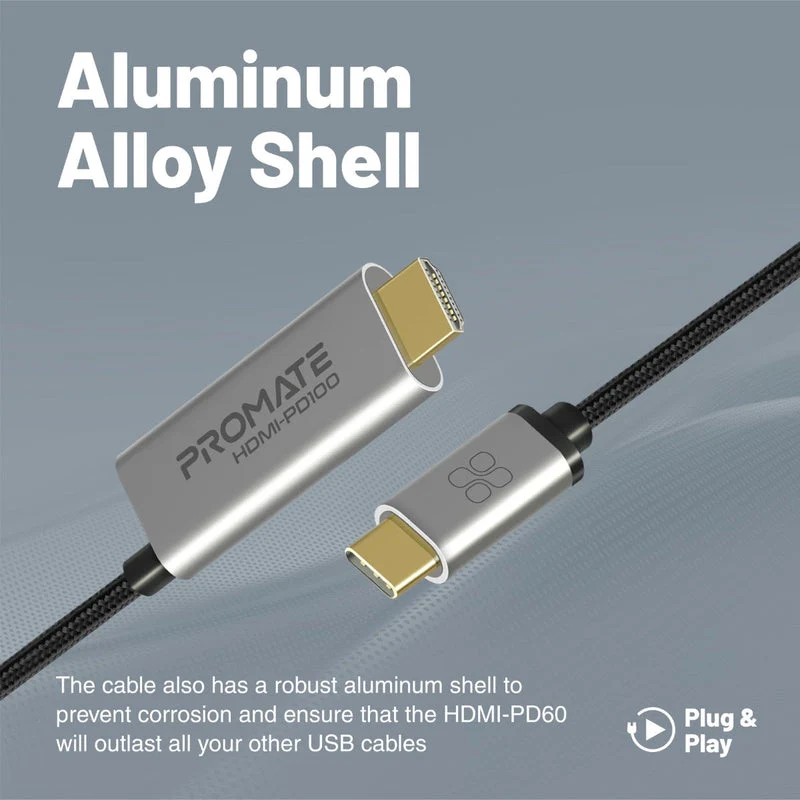 Promate HDMI-PD100 4K Crystal Clarity USB-C To HDMI Cable 4K Ultra HD 100W Power