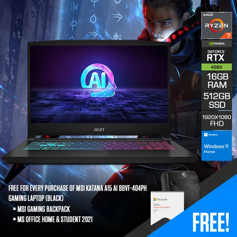 MSI Katana A15 AI B8VF-404PH Gaming Laptop (Black) | 15.6" FHD (1920X1080) 144HZ IPS | R7 8845HS | 16GB RAM | 512GB SSD | RTX 4060 | Windows 11 | MS Office Home & Student 2021 | MSI Gaming Backpack