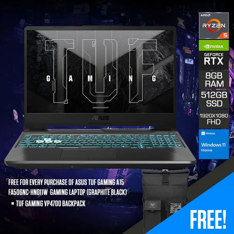 Asus TUF Gaming A15 FA506NC-HN011W Gaming Laptop (Graphite Black) | 15.6" FHD (1920x1080) IPS 144Hz | Ryzen 5 7535HS | 8GB RAM | 512GB SSD | RTX 3050 | Windows 11 Home | TUF Gaming VP4700 Backpack