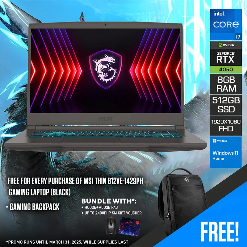 MSI Thin B12VE-1429PH Gaming Laptop (Black) | 15.6" FHD (1920x1080) 144Hz IPS | i7-12650H | 8GB RAM | 512GB SSD | RTX 4050 | Windows 11 | Gaming Backpack