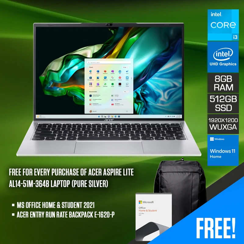 Acer Aspire Lite AL14-51M-364B Laptop (Pure Silver) | 14" WUXGA (1920x1200) IPS | i3-1215U | 8GB RAM | 512GB SSD | UHD Graphics | Windows 11 Home | MS Office Home & Student 2021 | Acer Entry Run Rate Backpack E-1620-P