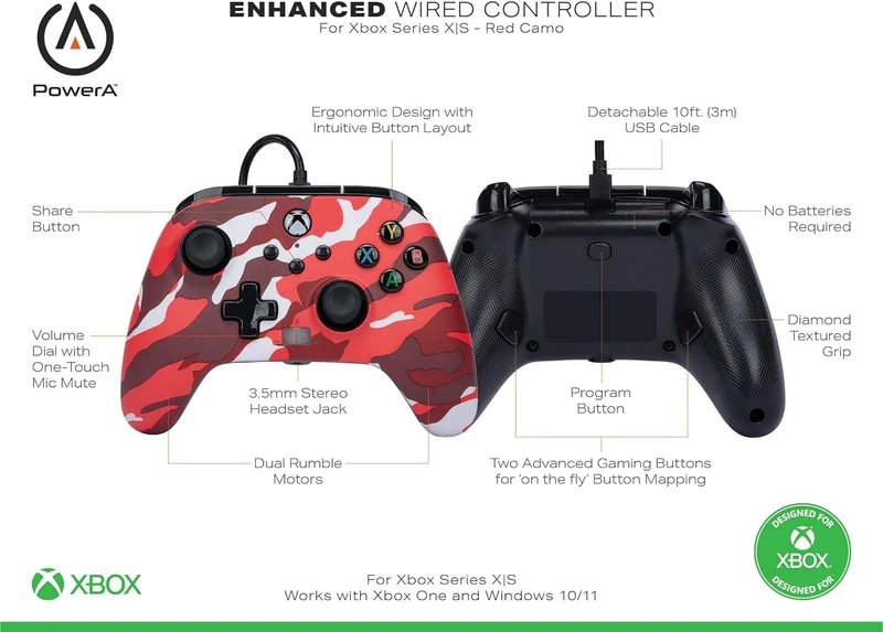Power A Xbox Enhanced Wired Controller Red Camo For Xbox (1525942-01)
