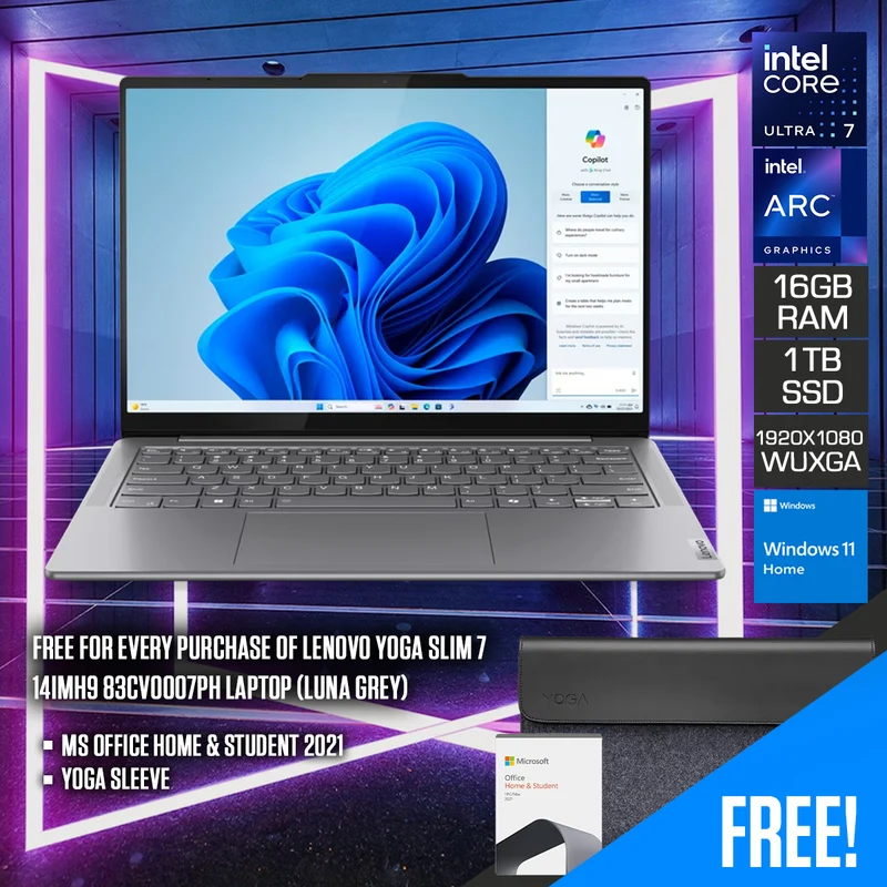 Lenovo Yoga Slim 7 14IMH9 83CV0007PH Laptop | 14" WUXGA (1920x1080) OLED | i7-Ultra 155H | 16GB RAM | 1TB SSD | Intel Arc | Windows 11 Home | (Luna Grey) | Ms Office Home & Student 2021 | Yoga Sleeve