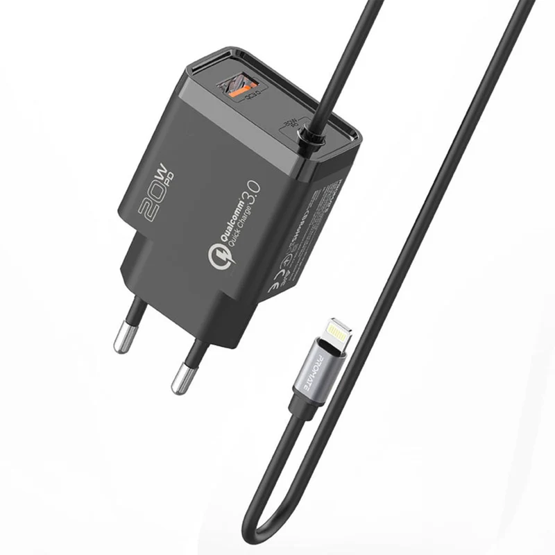 Promate ICHARGE-PDQC3 Ultra-Fast Charger 20W Power Delivery & QC 3.0 EU (Black, White)
