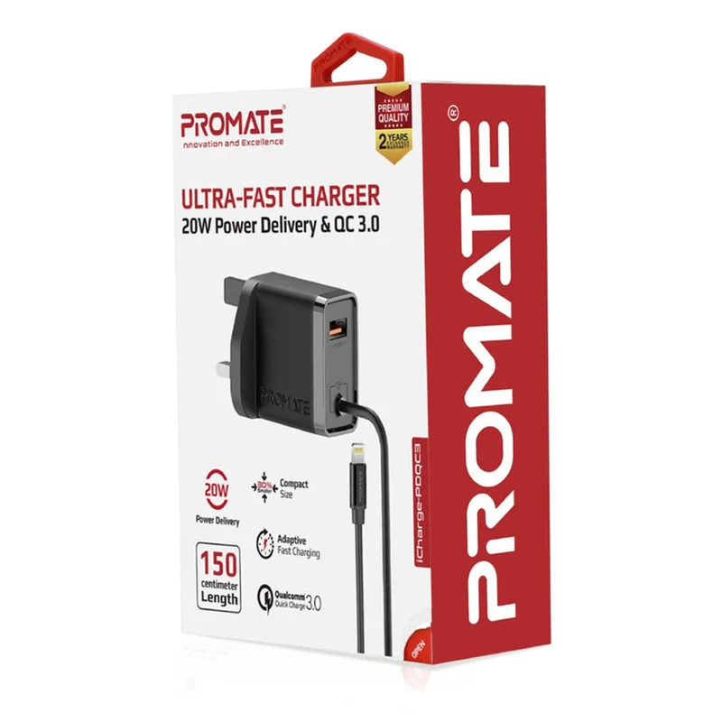 Promate ICHARGE-PDQC3 Ultra-Fast Charger 20W Power Delivery & QC 3.0 EU (Black, White)