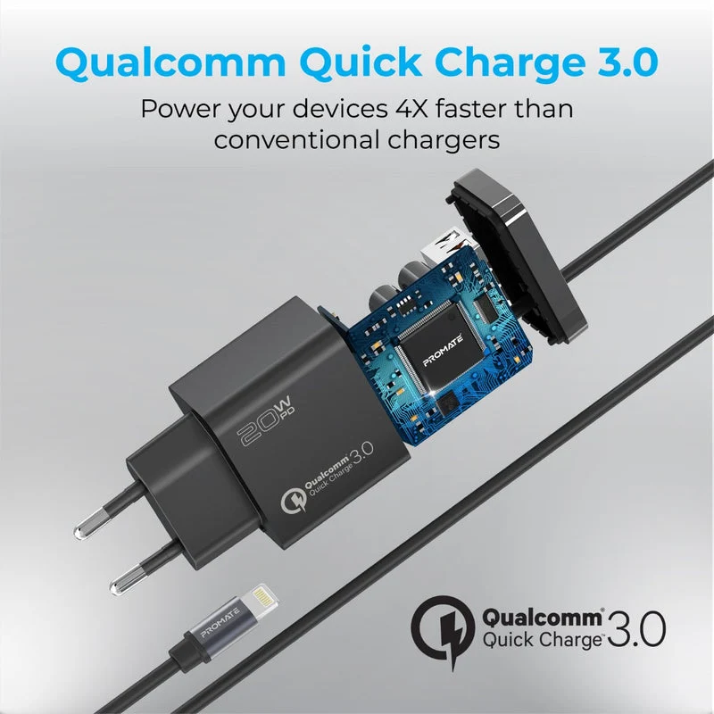 Promate ICHARGE-PDQC3 Ultra-Fast Charger 20W Power Delivery & QC 3.0 EU (Black, White)