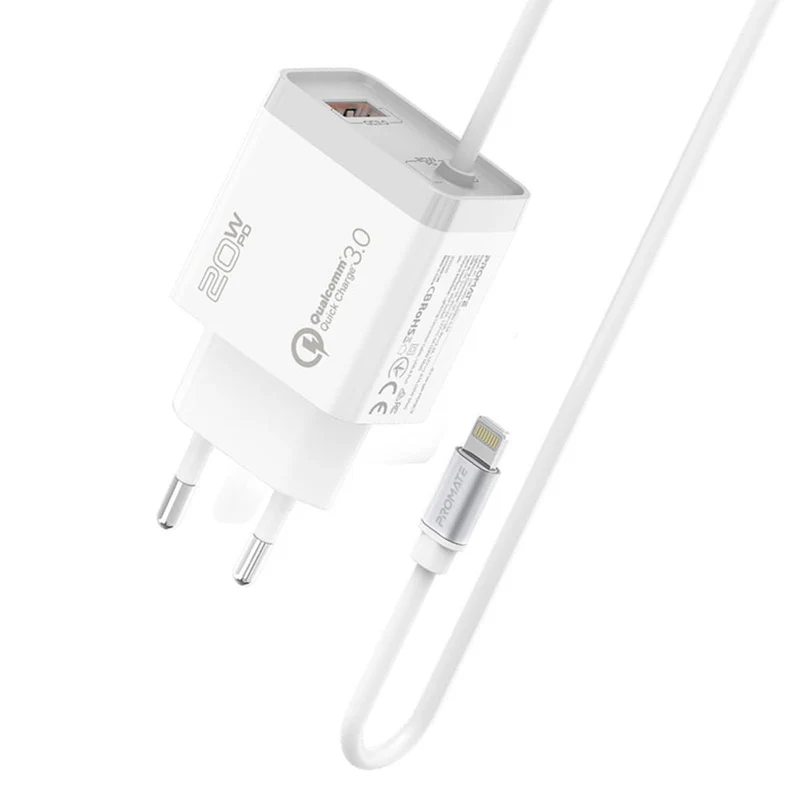 Promate ICHARGE-PDQC3 Ultra-Fast Charger 20W Power Delivery & QC 3.0 EU (Black, White)