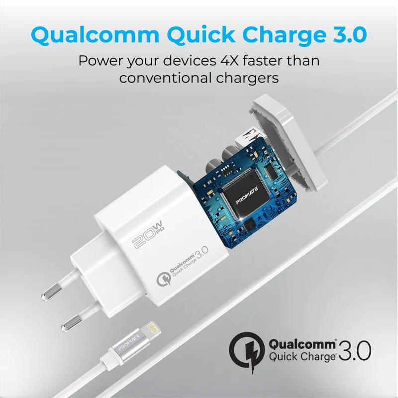 Promate ICHARGE-PDQC3 Ultra-Fast Charger 20W Power Delivery & QC 3.0 EU (Black, White)