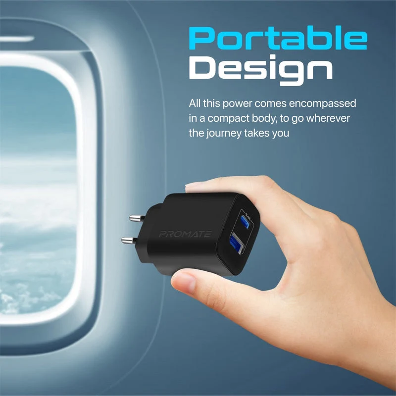 Promate Biplug-2 Ultra Compact Dual Port 17W Fast Charger USB-C USB-A Universal Compatibility EU (Black)