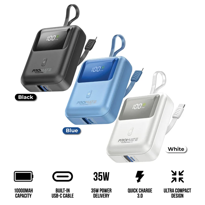 Promate Powerpod-10 10000mAh Ultra Compact 35W Superspeed Power Bank With Built-In USB-C Cable (Black, Blue, White)