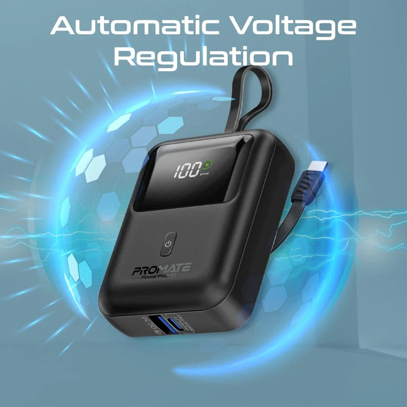 Promate Powerpod-10 10000mAh Ultra Compact 35W Superspeed Power Bank With Built-In USB-C Cable (Black, Blue, White)