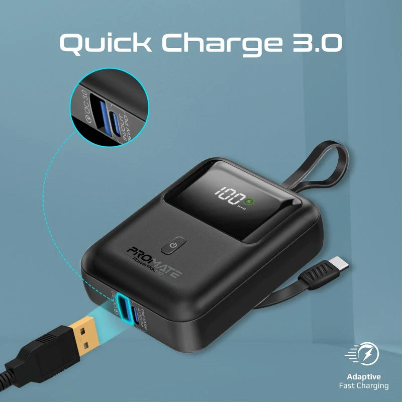 Promate Powerpod-10 10000mAh Ultra Compact 35W Superspeed Power Bank With Built-In USB-C Cable (Black, Blue, White)