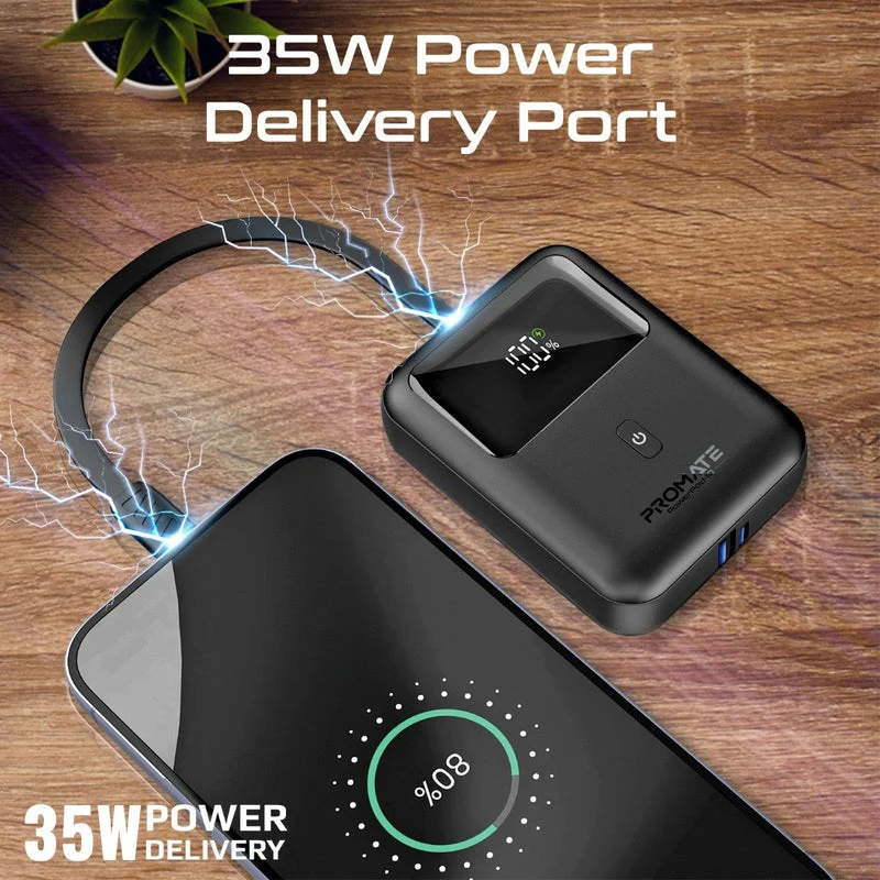 Promate Powerpod-10 10000mAh Ultra Compact 35W Superspeed Power Bank With Built-In USB-C Cable (Black, Blue, White)