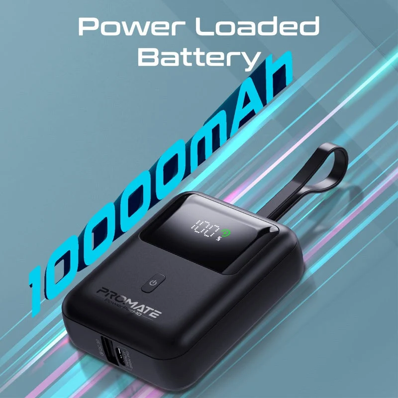 Promate Powerpod-10 10000mAh Ultra Compact 35W Superspeed Power Bank With Built-In USB-C Cable (Black, Blue, White)