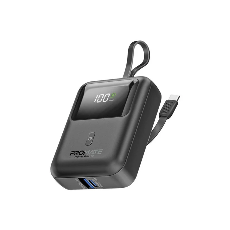 Promate Powerpod-10 10000mAh Ultra Compact 35W Superspeed Power Bank With Built-In USB-C Cable (Black, Blue, White)