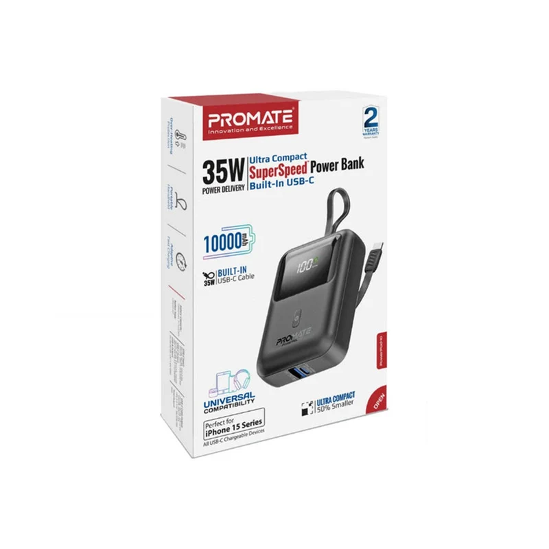 Promate Powerpod-10 10000mAh Ultra Compact 35W Superspeed Power Bank With Built-In USB-C Cable (Black, Blue, White)