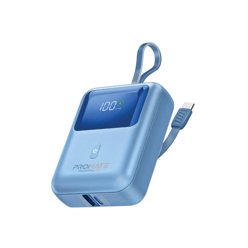 Promate Powerpod-10 10000mAh Ultra Compact 35W Superspeed Power Bank With Built-In USB-C Cable (Black, Blue, White)